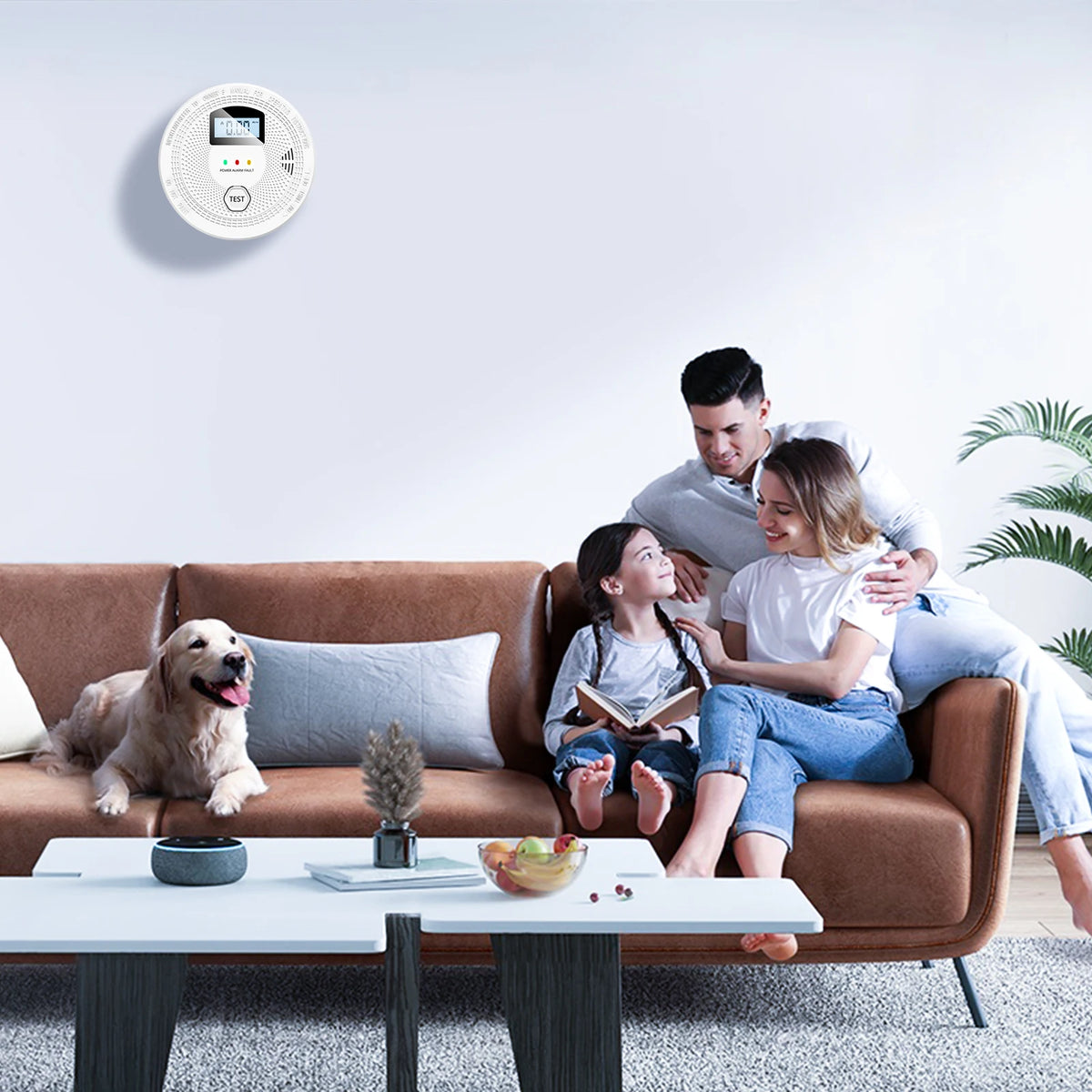 Family at home with the alarm on the wall