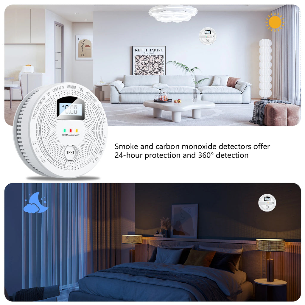 Alarm protecting a living room by day and a bedroom by night